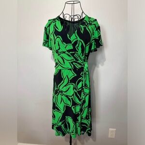 Green and Black Floral Wrap Dress - Size L